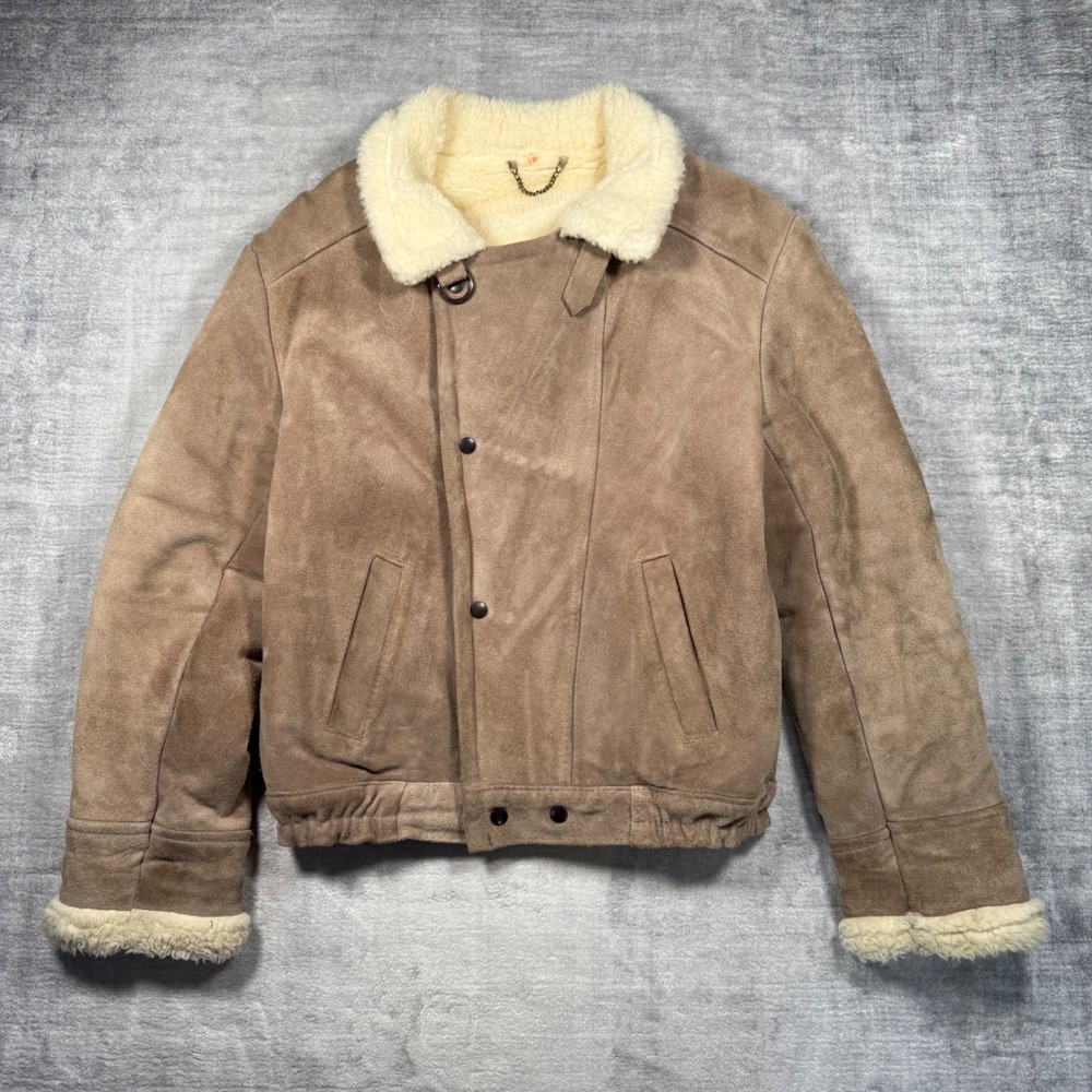 Vintage Shearling Jacket Womens Medium Tan Aviator Bomber 70s Suede Leather